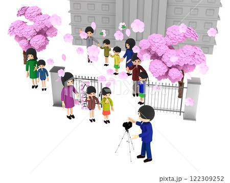 桜が咲く小学校の入学式。。入学式に参列する大勢の親子 桜が咲く小学校の入学式。。入学式に参列する大勢の親子 122309252