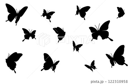 白背景に飛ぶ蝶のシルエット集 122310958