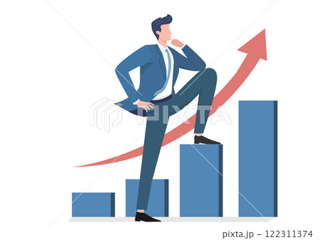 Illustration of a businessman stepping on a rising graph, looking for the next goal and motivation for future success. 122311374