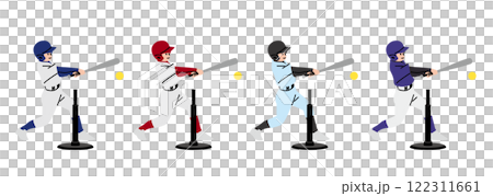 Tボールでバッティングをする野球少年のイラストセット Tボールでバッティングをする野球少年のイラストセット 122311661