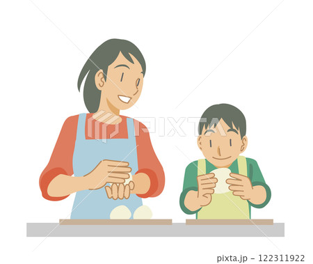 パン生地を丸める親子 122311922