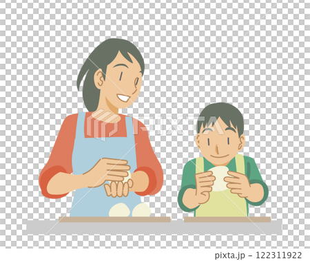 パン生地を丸める親子 122311922