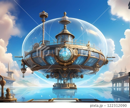 ゲーム背景　スチームパンク世界のガラスバリアのある特別都市風景 122312090