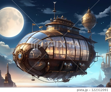 ゲーム背景　スチームパンク世界のガラス張り飛空艇が雲の上を飛ぶ風景 122312091