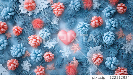 ハートと冬の植物が彩るクリスマスデザインイラスト素材 ハートと冬の植物が彩るクリスマスデザインイラスト素材 122312924
