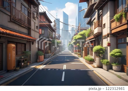 ゲーム背景　現代住宅街の前の通路風景 122312981
