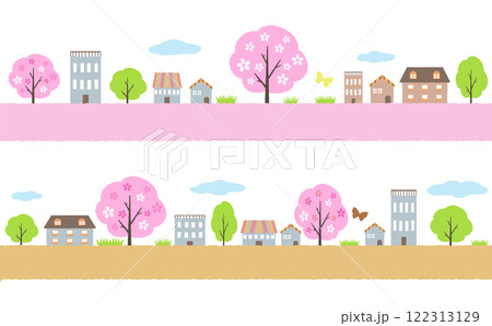 春の住宅街 桜並木の街 横長 ライン飾り 122313129