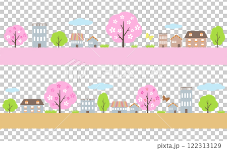 春の住宅街 桜並木の街 横長 ライン飾り 122313129