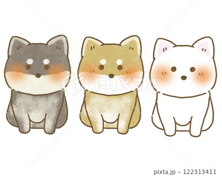 正面を向いてお座りをする柴犬のイラストセット　手描き風 122313411