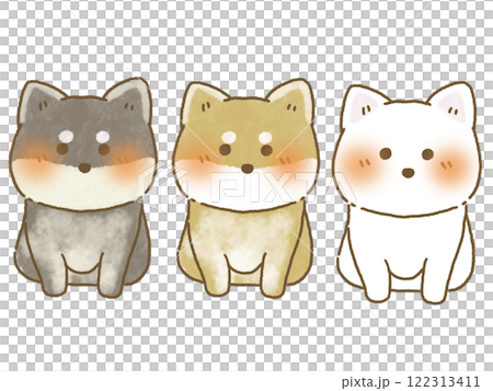 正面を向いてお座りをする柴犬のイラストセット　手描き風 122313411