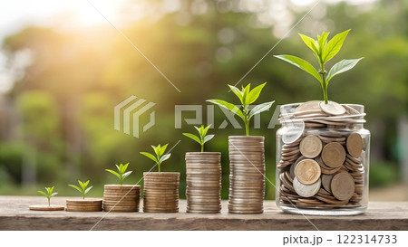 A symbolic representation of financial growth, featuring stacks of coins progressively increasing in height, each topped with a small, vibrant green plant sprouting leaves 122314733