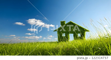 Create a photorealistic image of a house-shaped figure formed by a patch of lush green grass against a clear blue sky. The house shape should be clearly defined with a visible roof and chimney 122314737