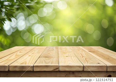 Photorealistic image of a wooden table top with a blurred background of a bright, sunny forest Photorealistic image of a wooden table top with a blurred background of a bright, sunny forest 122314751