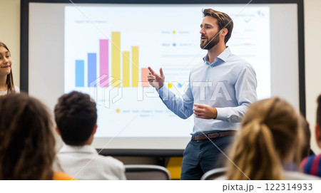 Student learning static with graph from screen presentation in classroom education. 122314933
