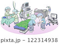 手術前、麻酔導入中で観血的動脈圧測定を確保しようとしている認定看護師と術前の器台整理中の看護師 122314938