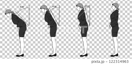 Illustration of a Japanese business woman bowing from different angles (sideways, full body) Vector material 122314963