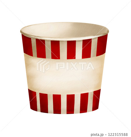 Paper glass. Empty dishes. Large striped flower pot. Watercolor illustration without background. Dishes with red stripes. Plate for popcorn and snacks. Place for an inscription. 122315588