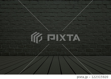 Wooden Floor with Brick Wall Background in Dark Green Tone. 122315920