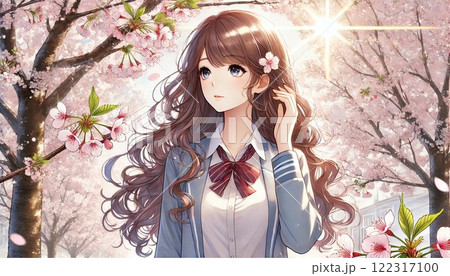 桜の木を見上げる女性 122317100