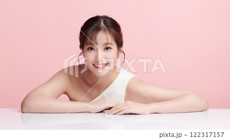 Beautiful young asian woman with clean fresh skin on pink background, Face care, Facial treatment, Cosmetology, beauty and spa, Asian women portrait. 122317157