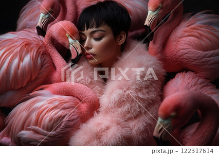 Fashion model posing with pink flamingos and fur coat Fashion model posing with pink flamingos and fur coat 122317614