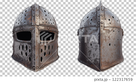 Detailed view of a historical helmet showcasing visor with unique perforations from armor collection 122317659