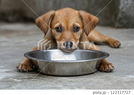 Cute puppy resting its head on empty bowl waiting for food 122317727