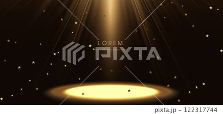 Elegant golden scene glowing with lighting effect sparkle on black background. Template premium award design. Elegant golden scene glowing with lighting effect sparkle on black background. Template premium award design. 122317744