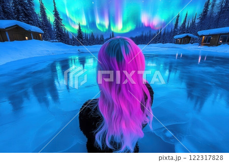 Woman with colorful hair admiring aurora borealis over frozen lake in winter wonderland 122317828