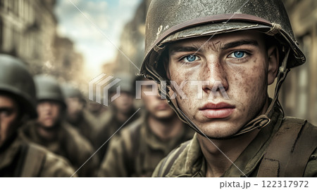 Cinematic of World War II soldiers. Military operation and War Concept. Generative Ai. 122317972