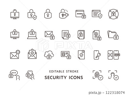 サイバーセキュリティにまつわるアイコンセット（モノクロ） 122318074