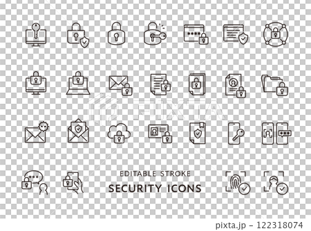 サイバーセキュリティにまつわるアイコンセット（モノクロ） 122318074