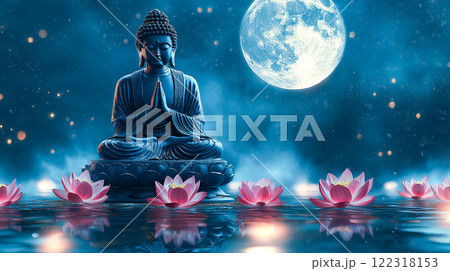 Buddha statue mediating with Lotuses and reflection. Magha Puja, Asanha Puja, and Visakha Puja Day. Buddhist holiday Concept. Generative Ai. 122318153