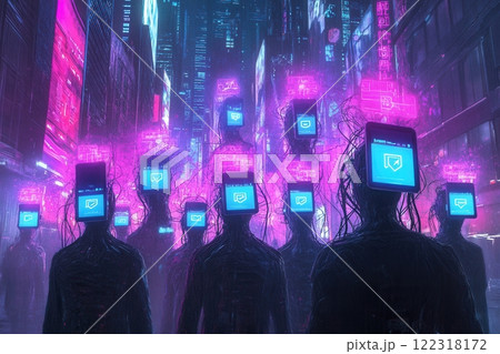 People walking in cyberpunk city with glowing screen heads symbolizing social media addiction 122318172