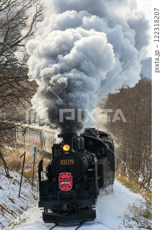 煙と蒸気を噴き上げるSL,釧路湿原駅付近 122318207