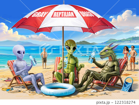 海水浴で水分補給する宇宙人　グレイ　レプ　ドラコ 122318274