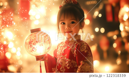 A Chinese kid joyfully holds red lanterns, surrounded by festive decorations. The concept of Chinese New Year, tradition, celebration, and cultural heritage. Generative AI. A Chinese kid joyfully holds red lanterns, surrounded by festive decorations. The concept of Chinese New Year, tradition, celebration, and cultural heritage. Generative AI. 122318339