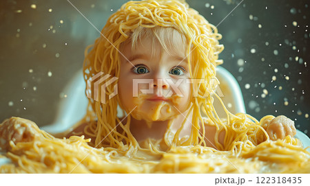 Cute little kid boy eating spaghetti bolognese or pasta macaroni bolognese at home. Happy child eating fresh cooked healthy meal with noodles. Generative Ai. 122318435