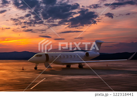 Modern executive aircraft with an opened gangway at the airport apron on the background of a scenic dawn 122318441