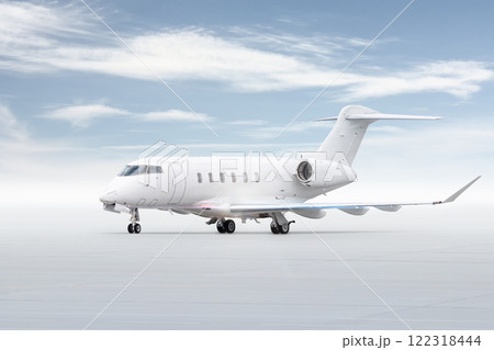 Modern white business jet isolated on bright background with sky Modern white business jet isolated on bright background with sky 122318444