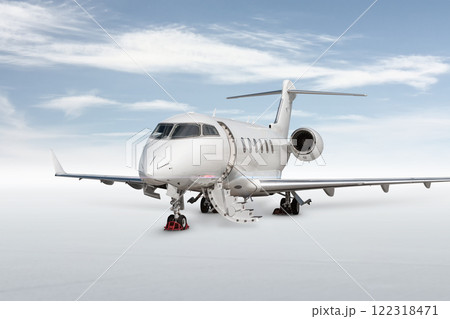 Close-up modern white private jet with an opened gangway door isolated on bright background with sky 122318471