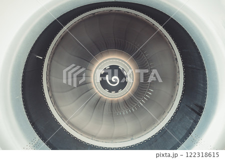 Close-up of the running engine of the jet plane Close-up of the running engine of the jet plane 122318615