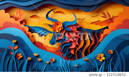 Paper cut design of yak zebu cow, colorful vibrant card for children, copy space banner 122318632