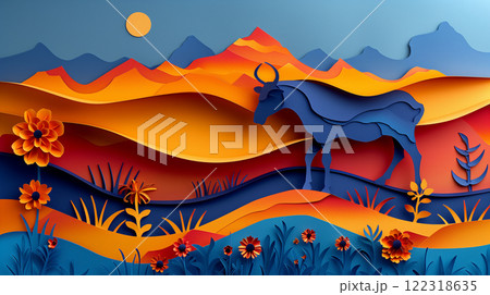 Paper cut design of yak zebu cow, colorful vibrant card for children, copy space banner 122318635