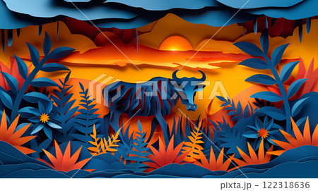 Paper cut design of yak zebu cow, colorful vibrant card for children, copy space banner 122318636