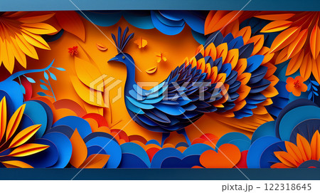Paper cut design of turkey, colorful vibrant card for children, copy space banner 122318645