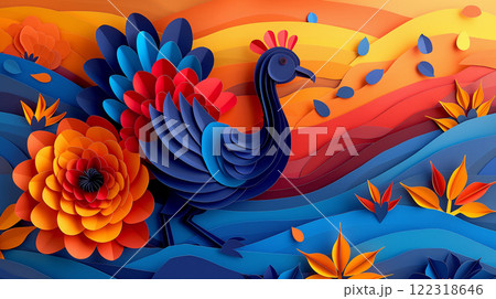 Paper cut design of turkey, colorful vibrant card for children, copy space banner 122318646