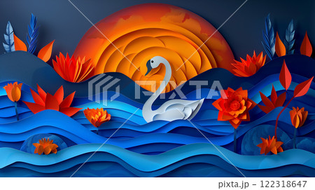 Paper cut design of swan, goose, colorful vibrant card for children, copy space banner 122318647
