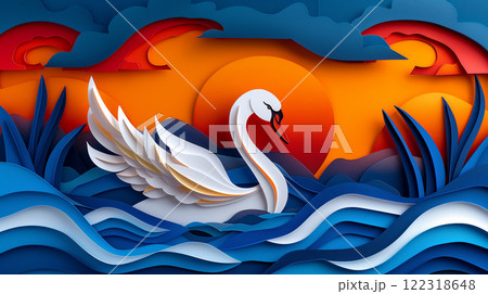 Paper cut design of swan, goose, colorful vibrant card for children, copy space banner 122318648