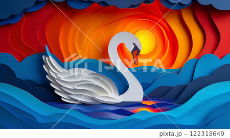Paper cut design of swan, goose, colorful vibrant card for children, copy space banner 122318649